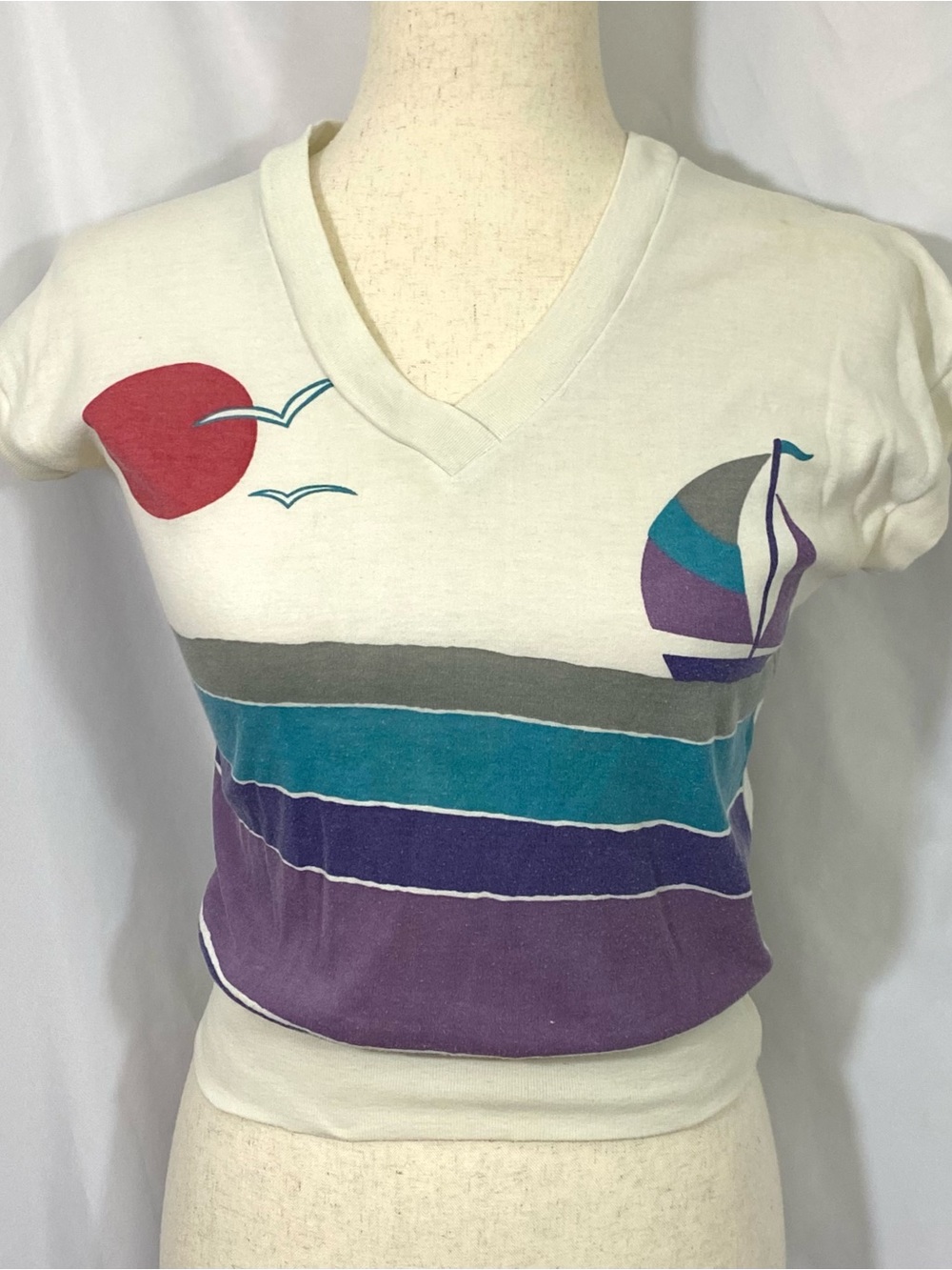 Women’s Vintage 80’s Sailboat V Neck T Shirt Small Medium Currants by Jeri Jo